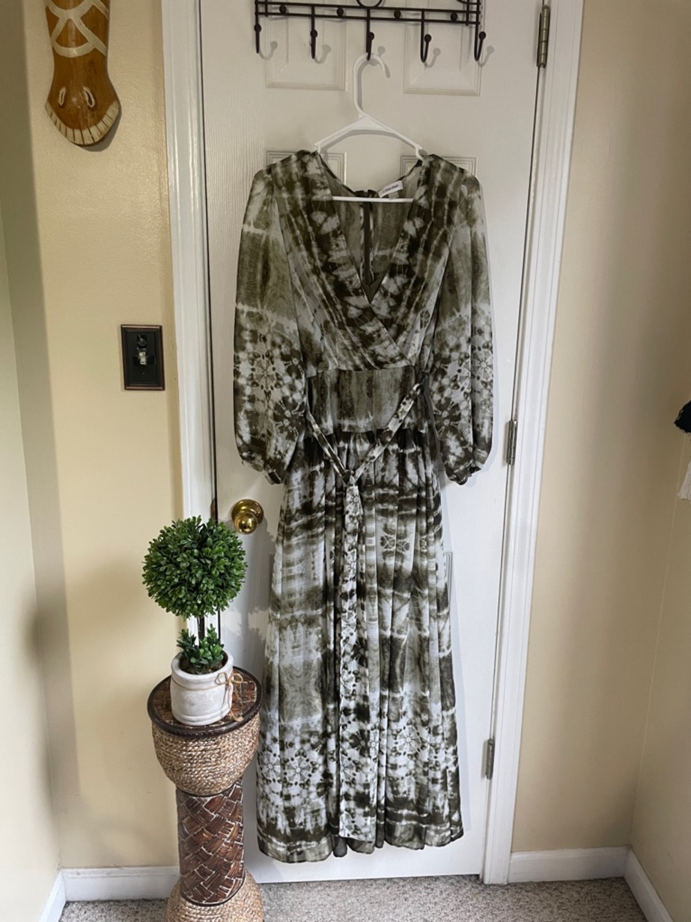 Calvin Klein Olive Tie-Dye Boho Western Coquette Maxi Dress